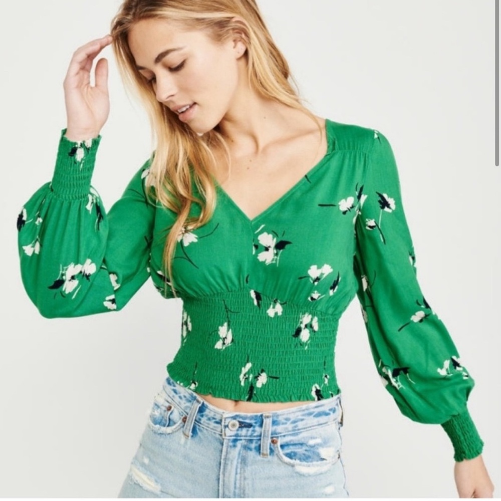 Abercrombie & Fitch Smocked Waist Blouse - Green Floral Size XL